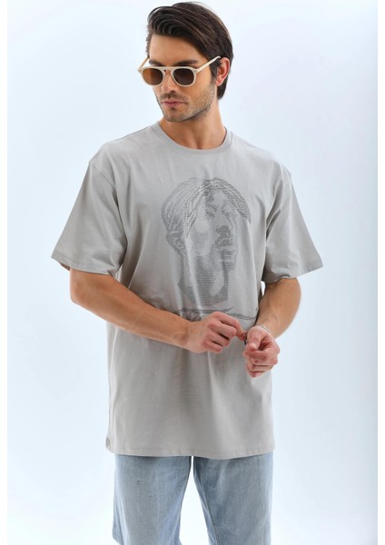 Unisex Oversize Taşlı Bisiklet Yaka T-Shirt - Gri