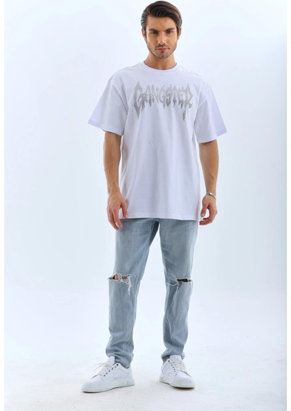 Unisex Oversize Taşlı Bisiklet Yaka T-Shirt - Beyaz
