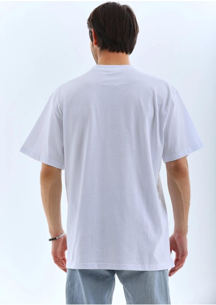 Unisex Oversize Taşlı Bisiklet Yaka T-Shirt - Beyaz fiyatları