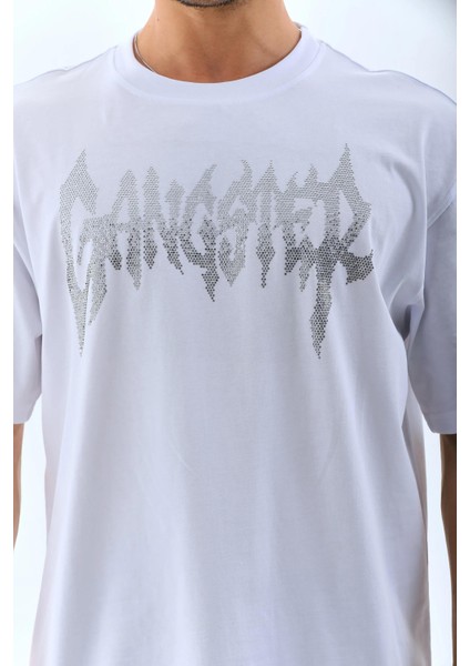 Unisex Oversize Taşlı Bisiklet Yaka T-Shirt - Beyaz modelleri