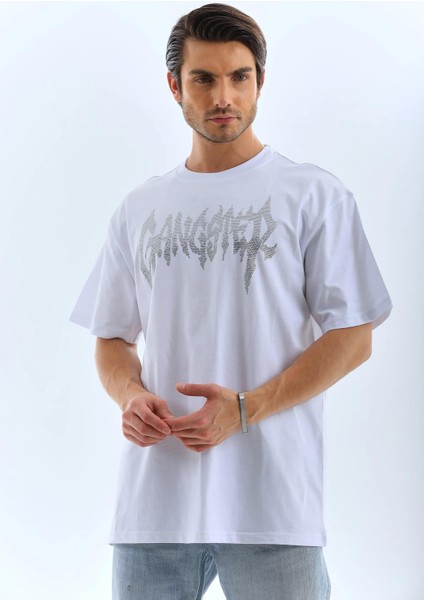 Unisex Oversize Taşlı Bisiklet Yaka T-Shirt - Beyaz fırsatları