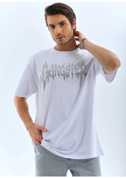 Unisex Oversize Taşlı Bisiklet Yaka T-Shirt - Beyaz