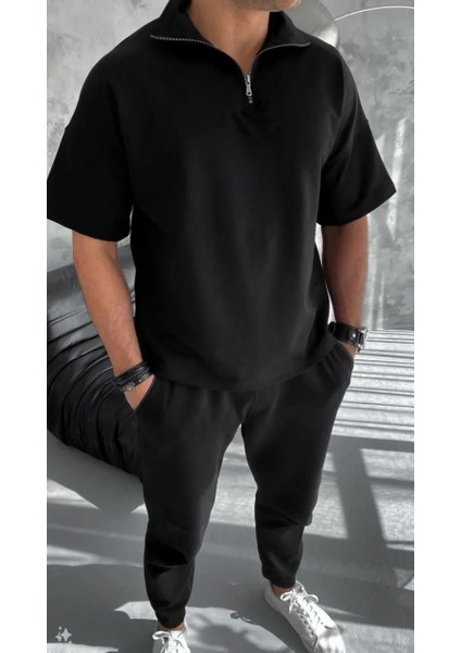 Unisex Yarım Fermuarlı Basic T-Shirt - Siyah modelleri