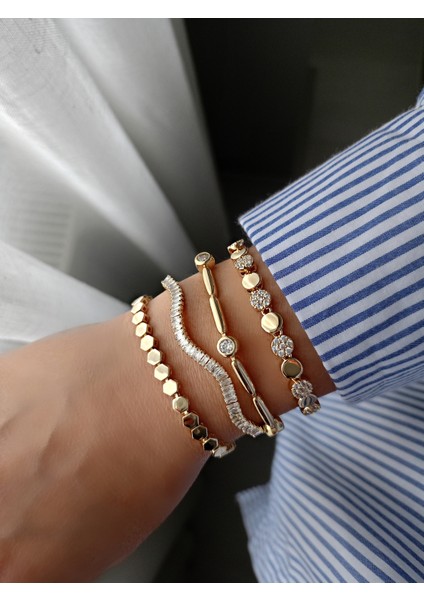 Gold 14K Altın Rengi Taşsız Plaka Petek Kadın Bileklik modelleri