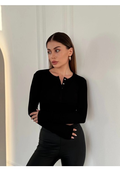 Cıt Cıt Detaylı Uzun Kollu Crop - Siyah -Vlmr