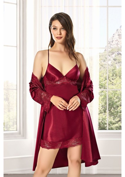 Kadın Bordo Saten Çeyiz Seti 6 Parça Dantelli Sabahlık Gecelik Pijama Şortlu Takım modelleri