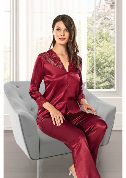 Kadın Bordo Saten Çeyiz Seti 6 Parça Dantelli Sabahlık Gecelik Pijama Şortlu Takım