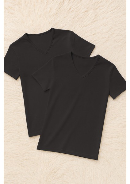 Erkek %100 Pamuklu V Yaka Kısa Kollu 2 Adet Siyah T-Shirt LL.IL10.KE12.001
