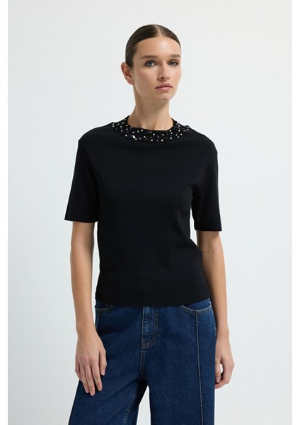 Yakası Taş Detaylı Triko Kazak Siyah 13943006002