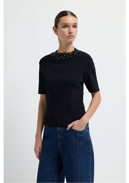 Yakası Taş Detaylı Triko Kazak Siyah 13943006002 fırsatları