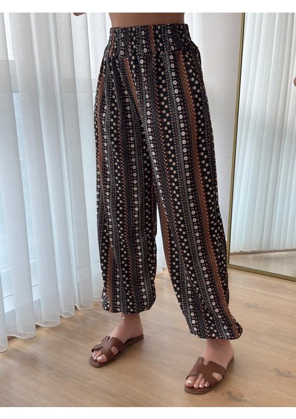 Kadın Yüksek Bel Etnik Desenli Geniş Dökümlü Bürümcük Pantolon modelleri