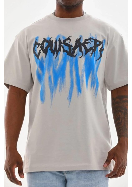 Unisex Baskılı Oversize T-Shirt - Gri