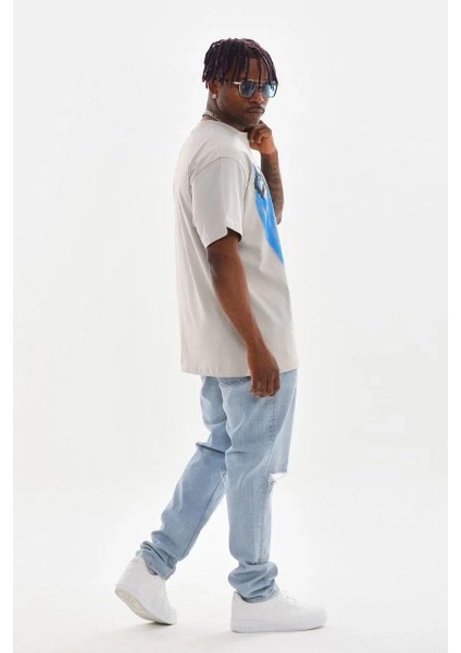 Unisex Baskılı Oversize T-Shirt - Gri indirimleri
