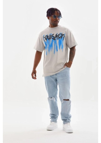 Unisex Baskılı Oversize T-Shirt - Gri