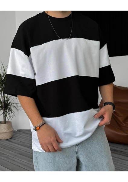 Unisex Bisiklet Yaka Parçalı T-Shirt - Siyah