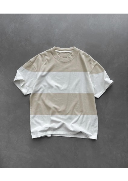 Unisex Bisiklet Yaka Parçalı T-Shirt - Bej