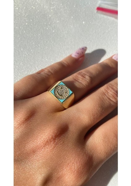 Mavi Mineli Zirkon Taşlı Gülen Yüz 925 Ayar Gümüş Yüzük