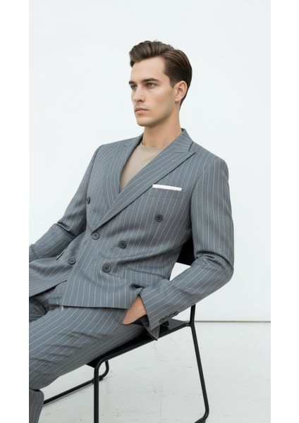 Gri Çizgili Erkek Kruvaze Blazer Ceket – Italyan Kesim, Şık ve Modern Tarz fiyatları