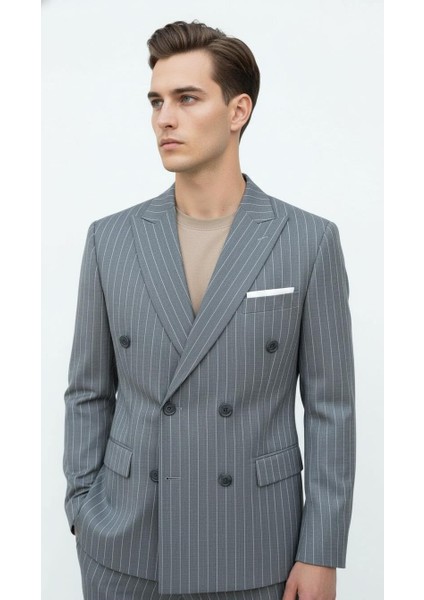 Gri Çizgili Erkek Kruvaze Blazer Ceket – Italyan Kesim, Şık ve Modern Tarz modelleri