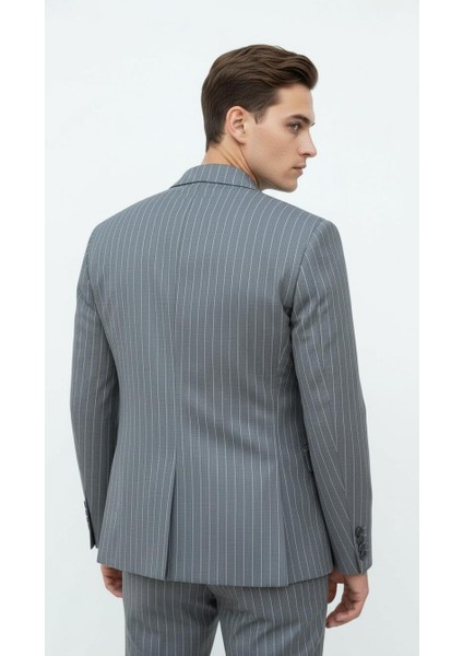 Gri Çizgili Erkek Kruvaze Blazer Ceket – Italyan Kesim, Şık ve Modern Tarz indirimleri