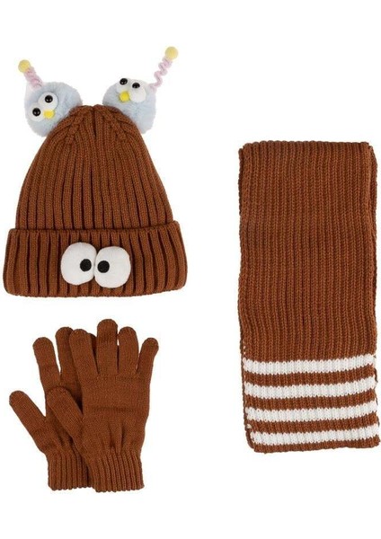 Çocuk Kız Atkı Bere Eldiven Takım (4-8 Yaş) K24170-09 Kahverengi