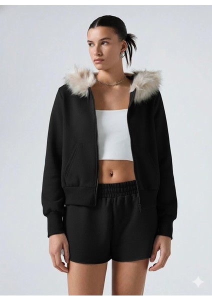 Kadın Siyah Fermuarlı Kapüşonlu Sweatshirt – Kürklü Kapüşon, Cepli, Rahat Kalıp fiyatları