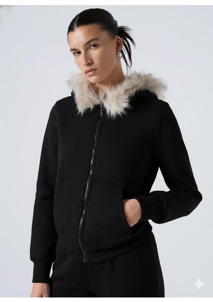 Kadın Siyah Fermuarlı Kapüşonlu Sweatshirt – Kürklü Kapüşon, Cepli, Rahat Kalıp modelleri