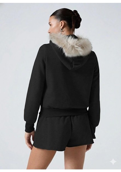 Kadın Siyah Fermuarlı Kapüşonlu Sweatshirt – Kürklü Kapüşon, Cepli, Rahat Kalıp indirimleri
