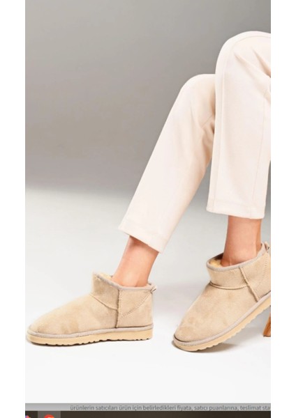 - Süet - Içi Kürklü - Ince Taban - Bilekte Kısa Kadın - Bot & Bootie