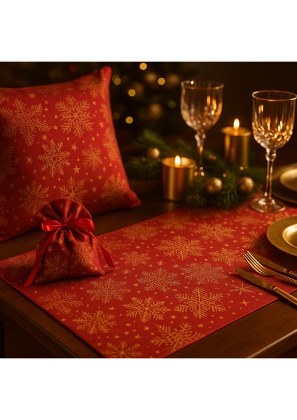 Kırmızı Yılbaşı Masa Runner + Kırlent + Hediye Kesesi 3’lü Set – Kar Tanesi Desenli 📝