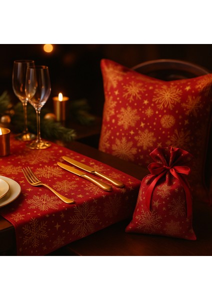 Kırmızı Yılbaşı Masa Runner + Kırlent + Hediye Kesesi 3’lü Set – Kar Tanesi Desenli 📝 fiyatları