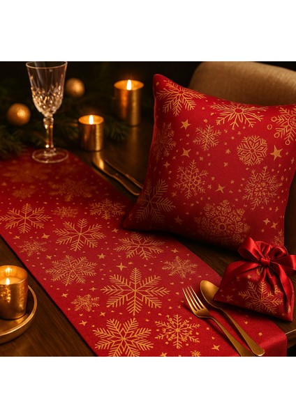 Kırmızı Yılbaşı Masa Runner + Kırlent + Hediye Kesesi 3’lü Set – Kar Tanesi Desenli 📝 modelleri