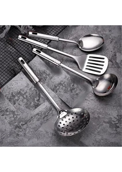 4 Adetlik Servis Seti Spatula, Servis Kaşığı, Süzgeç, Çelik Kepçe