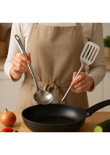4 Adetlik Servis Seti Spatula, Servis Kaşığı, Süzgeç, Çelik Kepçe modelleri