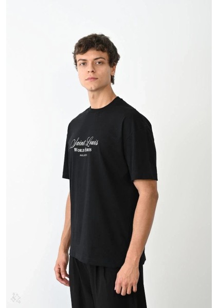 Unisex Bisiklet Yaka Baskılı Oversize T-Shirt - Siyah modelleri