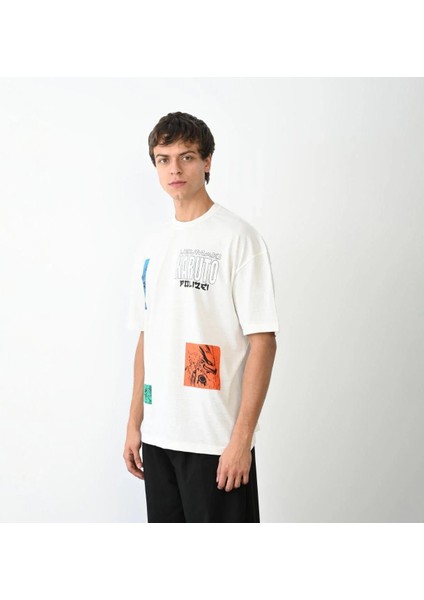 Unisex Bisiklet Yaka Baskılı Oversize T-Shirt - Beyaz modelleri