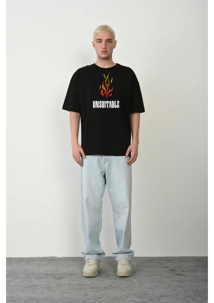 Unisex Bisiklet Yaka Baskılı Oversize T-Shirt - Siyah