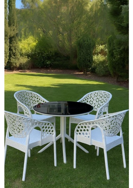 Maria Lotus Yuvarlak Masa Takımı 90X90 cm Camlı Masa 4 Kişilik Masa Seti