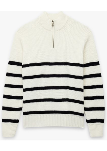 Uzun Kollu Çizgili Basic Yarım Fermuarlı Triko Kazak modelleri