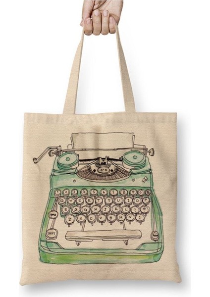 Daktilo Beyaz Bez Çanta Uzun Saplı Alışveriş Çantası Plaj Çantası