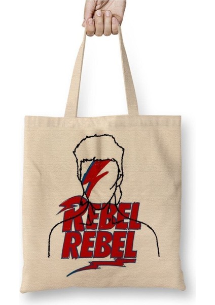 David Bowie Rebel Rebel Beyaz Bez Çanta Uzun Saplı Alışveriş Çantası Plaj Çantası