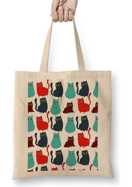 Kediler Cat Pattern Beyaz Bez Çanta Uzun Saplı Alışveriş Çantası Plaj Çantası