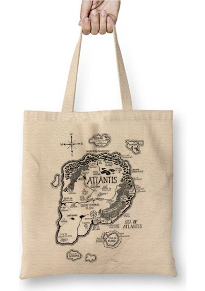 Kayıp Uygarlık Atlantis Haritası Beyaz Bez Çanta Uzun Saplı Alışveriş Çantası Plaj Çantası