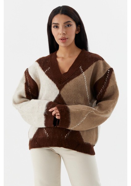 V Yaka Baklava Desenli Kazak A.kahve