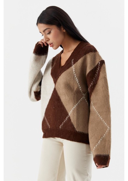 V Yaka Baklava Desenli Kazak A.kahve modelleri