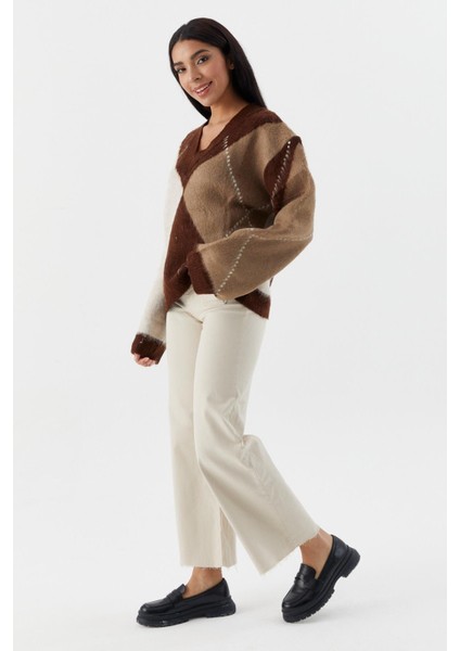 V Yaka Baklava Desenli Kazak A.kahve fırsatları