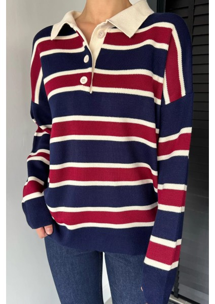 Kadın Yarım Düğmeli Çizgi Desenli Triko Kazak P-00019019