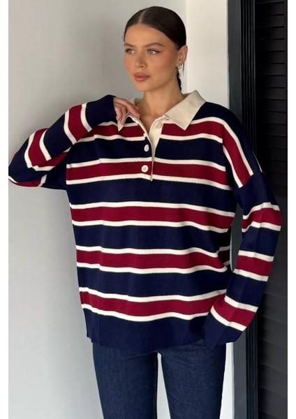 Kadın Yarım Düğmeli Çizgi Desenli Triko Kazak P-00019019 fiyatları