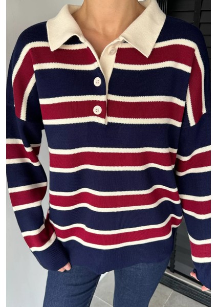 Kadın Yarım Düğmeli Çizgi Desenli Triko Kazak P-00019019 modelleri