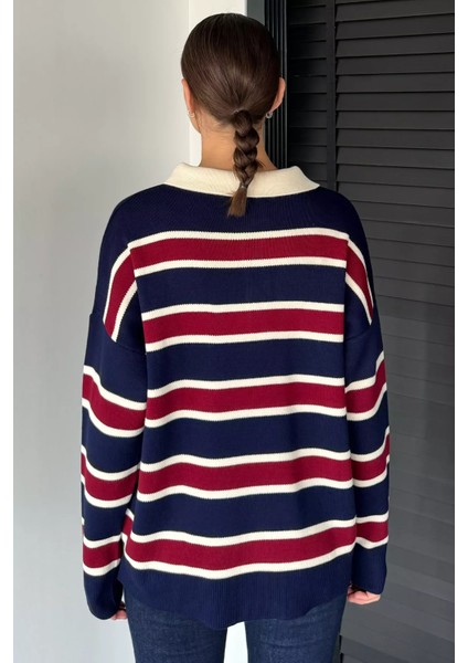 Kadın Yarım Düğmeli Çizgi Desenli Triko Kazak P-00019019 fırsatları